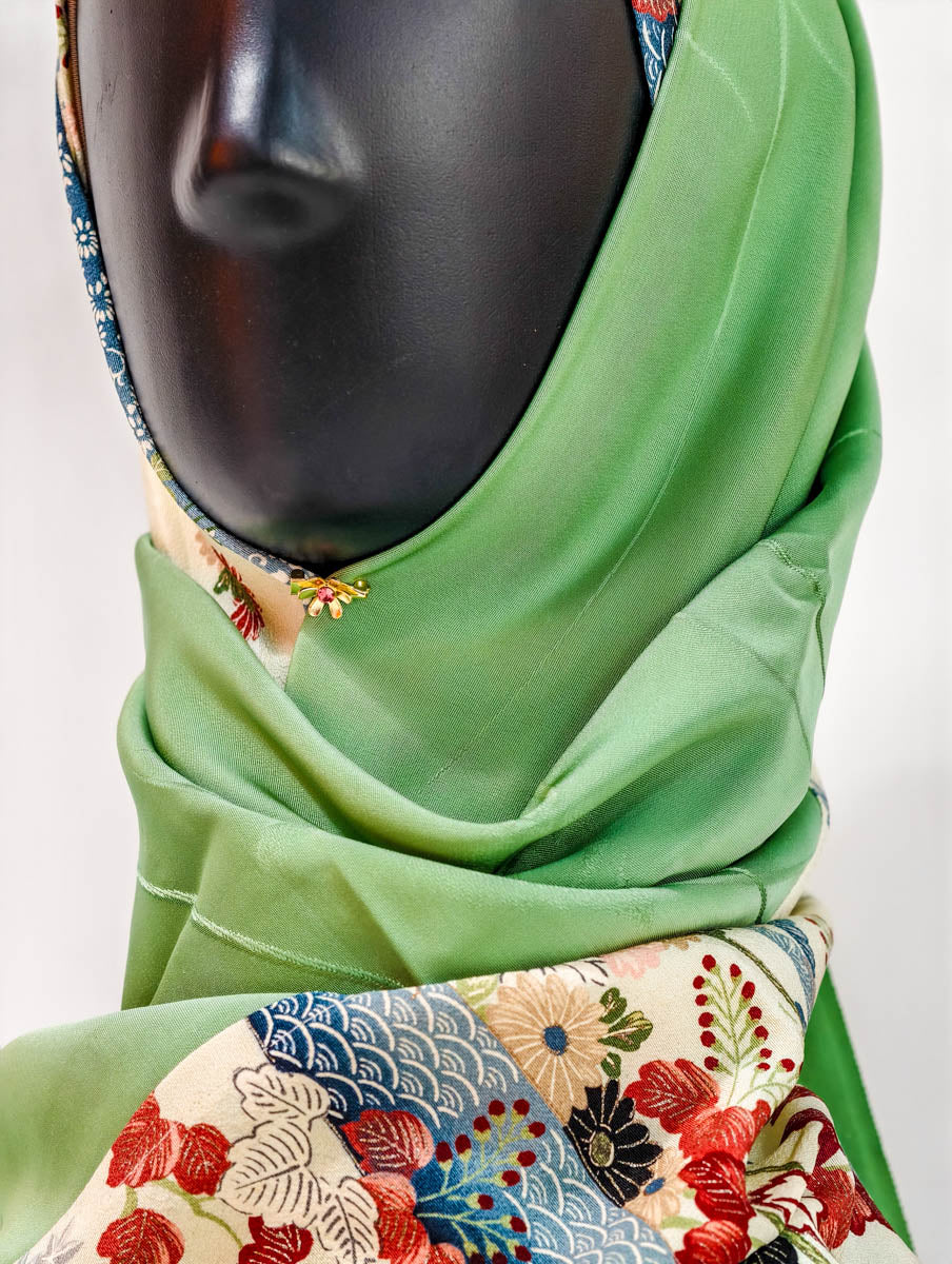 Lime Green and Cream Floral Silk Kimono x Hijab