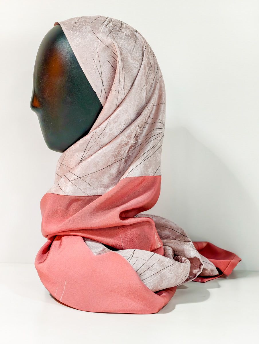 Pink Peach Geometric Nature Silk Kimono x Hijab