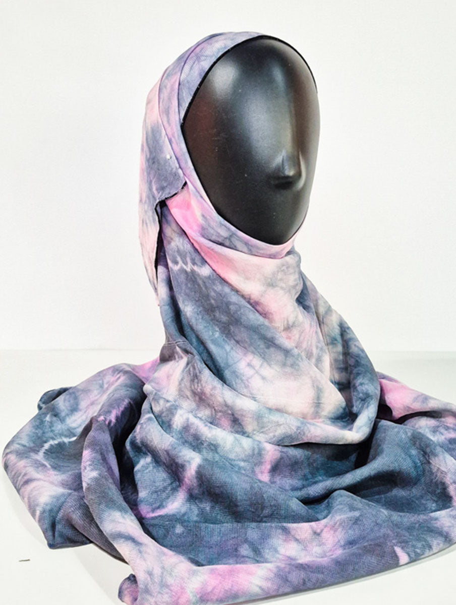 Blue Gray and Pink Pattern Silk Kimono x Hijab