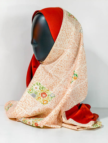 Red and Orange Geometric Floral Silk Kimono x Hijab